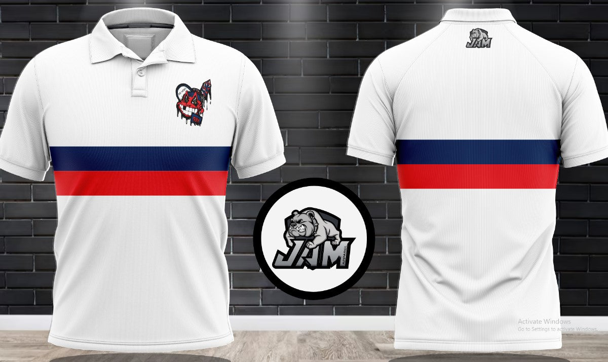 (NEW)Big Asp Podcast Wahoo Performance Polo - White Base w/Blue & Red Stripe