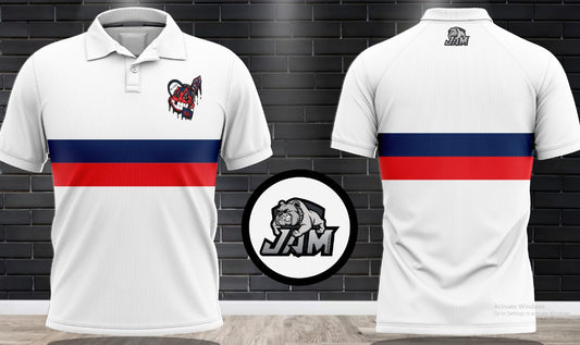 (NEW)Big Asp Podcast Wahoo Performance Polo - White Base w/Blue & Red Stripe