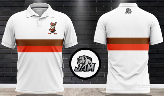 (NEW)Big Asp Podcast Elf Performance Polo - White w/Brown & Orange Stripe