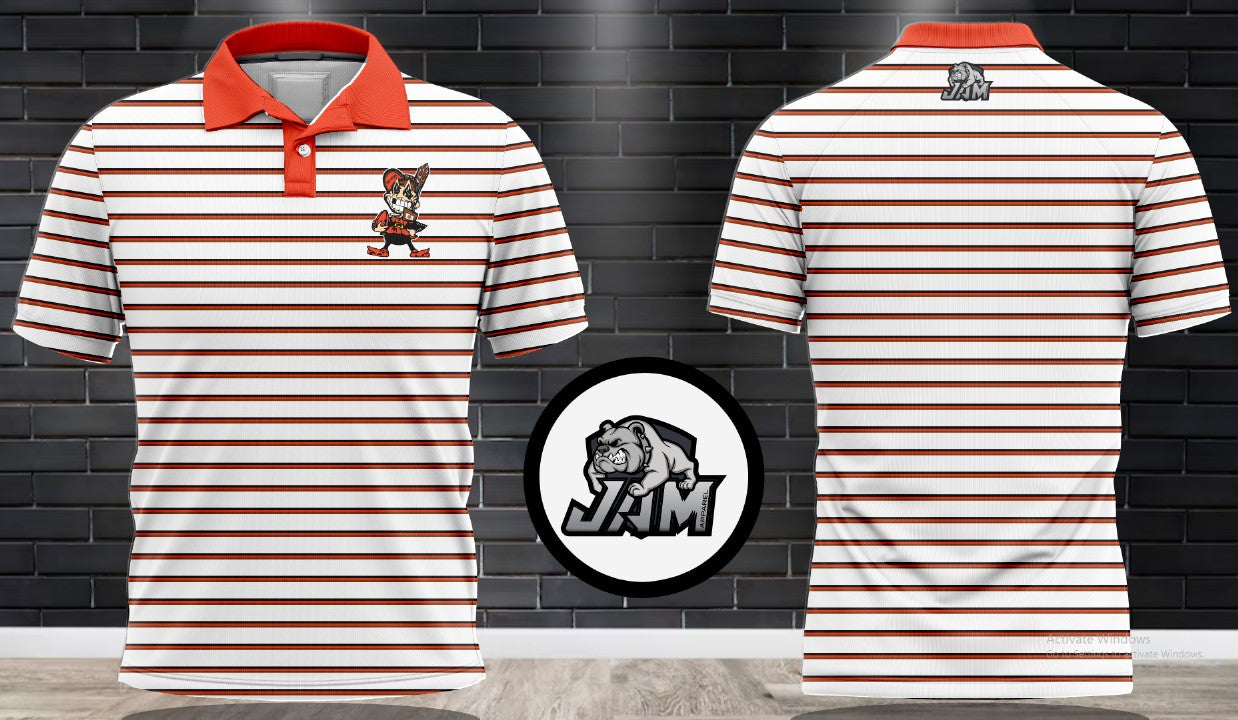 (NEW)Big Asp Podcast Elf Performance Polo - White w/Brown & Orange Striped