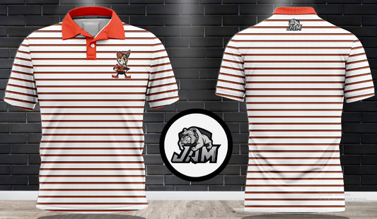 (NEW)Big Asp Podcast Elf Performance Polo - White w/Brown & Orange Striped