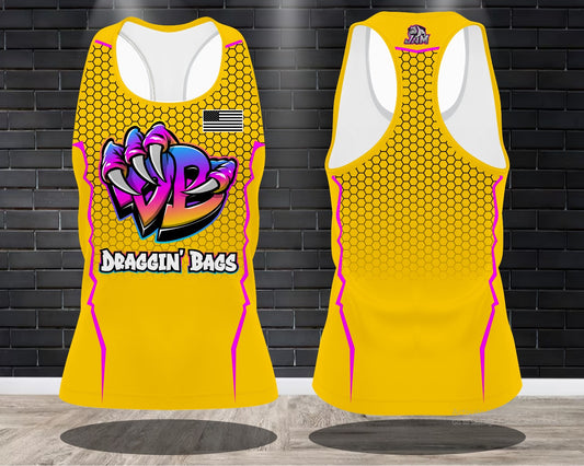 Draggin Bags Draggin Claw - Ladies Racerback Tank or Unisex Tank Top - Yellow w/Purple Blue Claw