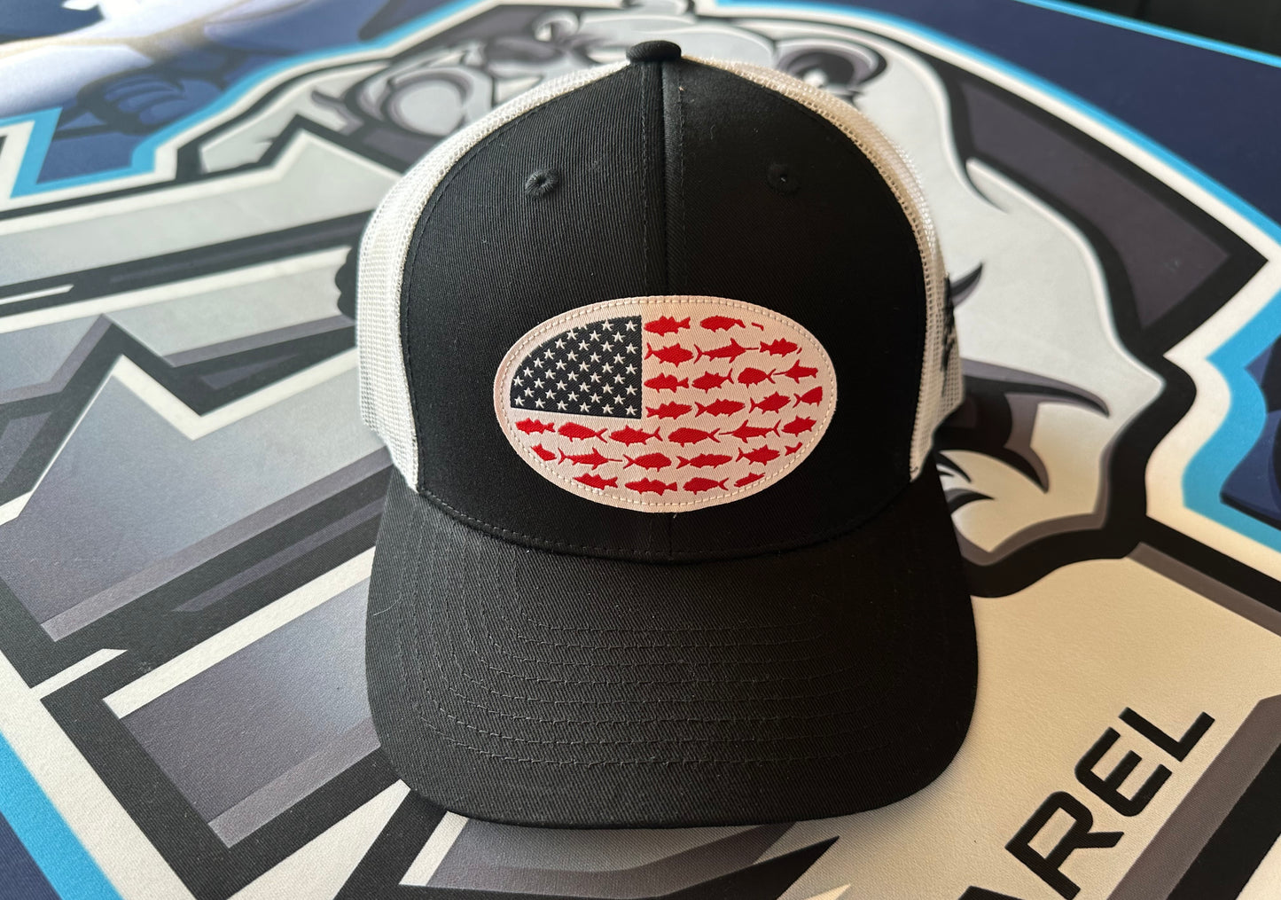 (NEW)American Fisherman Mesh Back Snapback Hat - Black