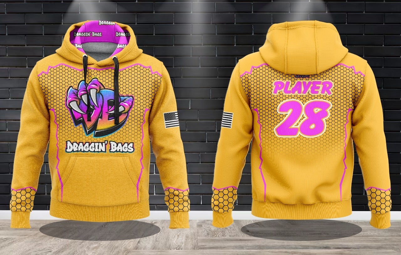 (NEW)Draggin Bags Draggin Claw - Yellow Base Purple/Blue Claw Performance Hooded Sweatshirt