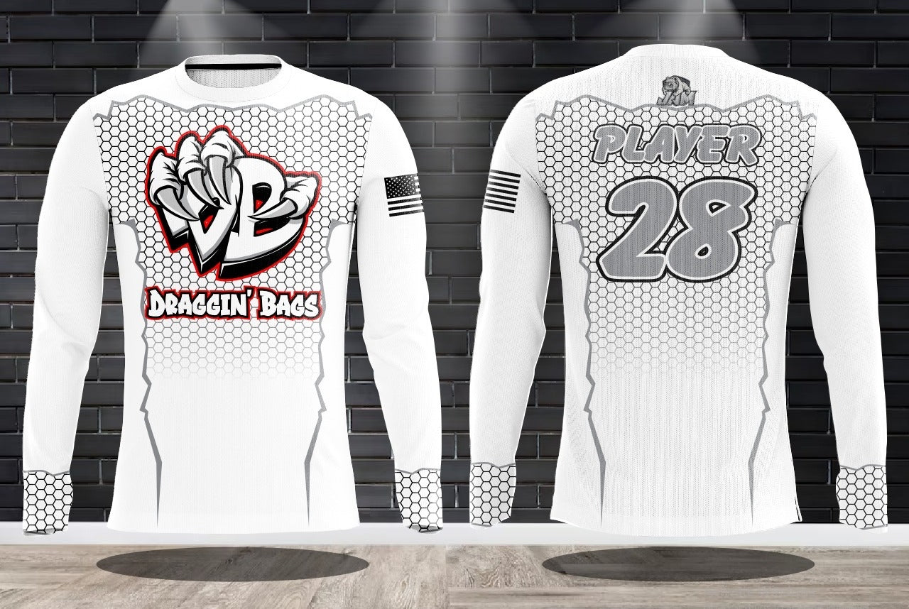 (NEW)Draggin Bags Draggin Claw Long Sleeve Jersey - White Base w/Red/White Claw
