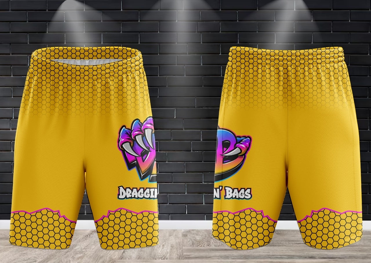 (NEW)Draggin Bags Draggin Claw Performance Shorts - Yellow w/Purple/Blue Claw