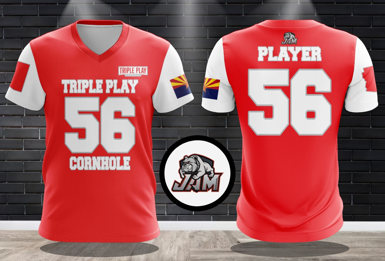 (NEW)2025 Triple Play Cornhole Performance Drifit Jersey - Red/White/Silver