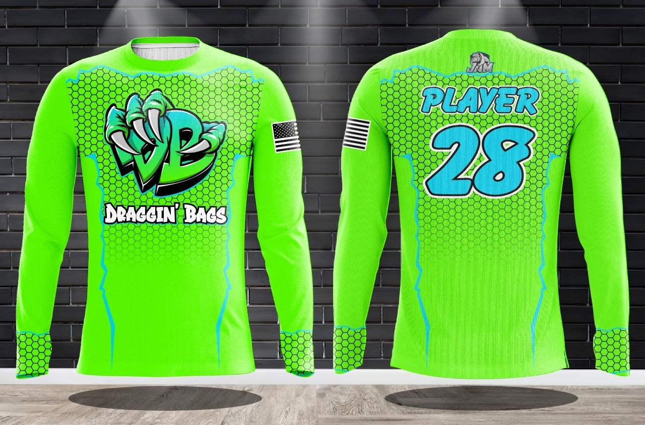 (NEW)Draggin Bags Draggin Claw Long Sleeve Jersey - Lime Base w/UNC Blue/Lime Claw