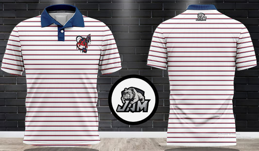 (NEW)Big Asp Podcast Wahoo Performance Polo - Red, Blue Striped w/Blue Collar