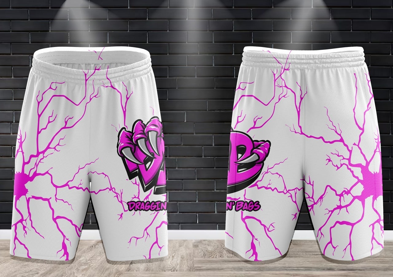 (NEW)Draggin Bags Lightning Draggin Claw Performance Shorts - White w/Pink Claw