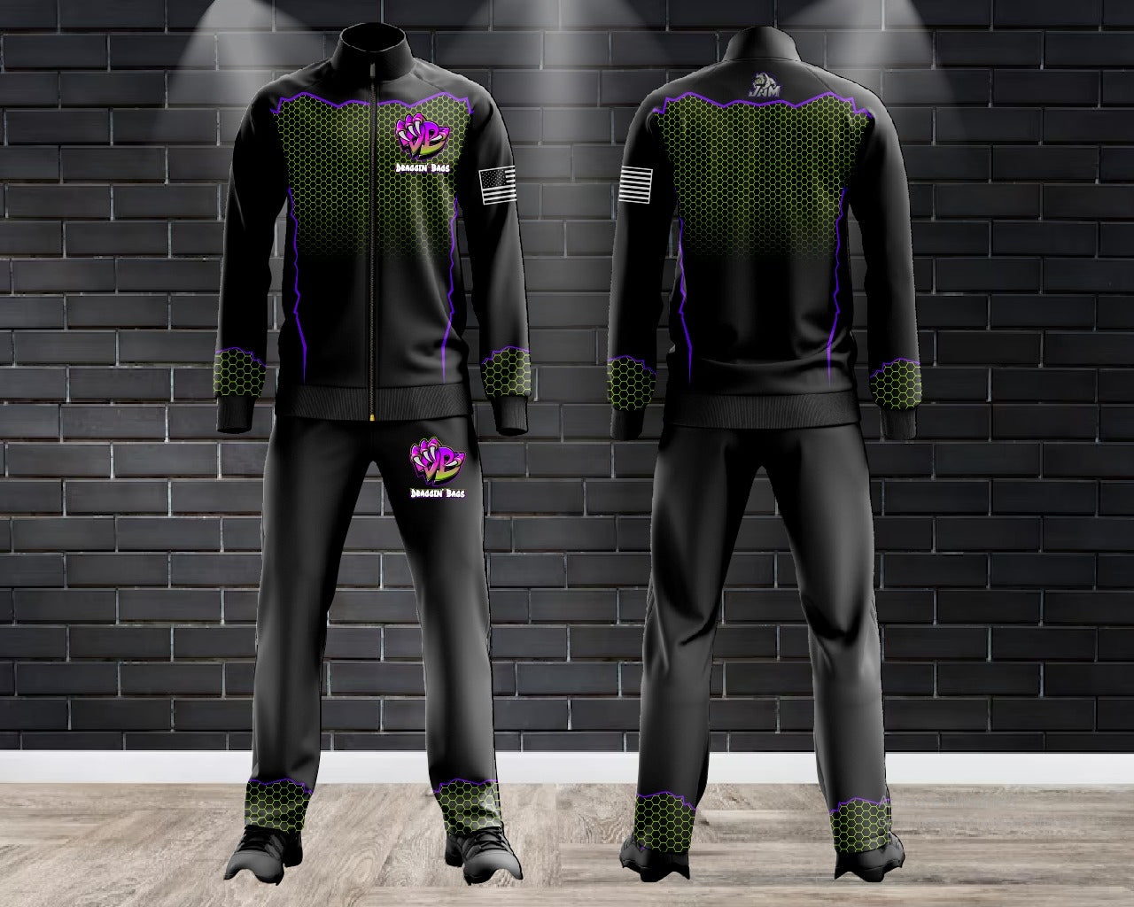 (NEW)Draggin Bags Draggin Claw Tracksuit Pants - Black Base w/Purple/Lime Claw