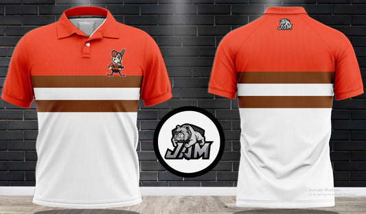 (NEW)Big Asp Podcast Elf Performance Polo - Orange Top w/White base & Brown Stripes