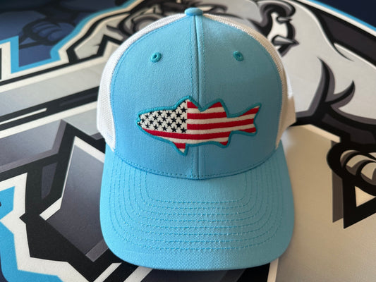 (NEW)Fish American Flag Mesh Back Snapback Hat - Carolina Blue