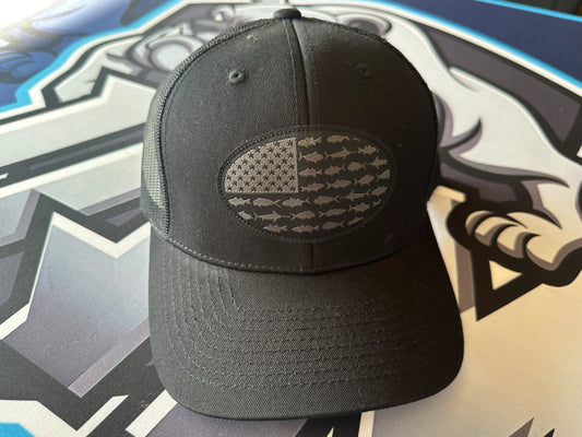 (NEW)American Fisherman Mesh Back Snapback Hat - Blackout