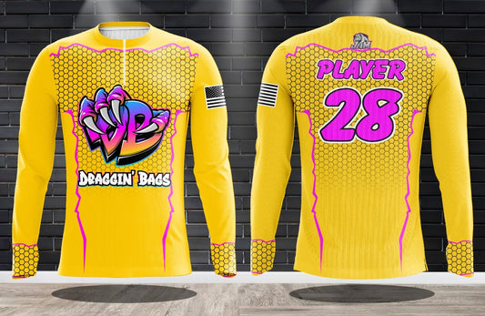 Draggin Bags Draggin Claw 1/4 Zip Long Sleeve Jersey - Yellow w/Purple Blue Claw