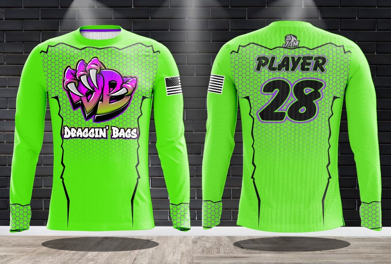 (NEW)Draggin Bags Draggin Claw Long Sleeve Jersey - Lime Base w/Purple/Lime Claw