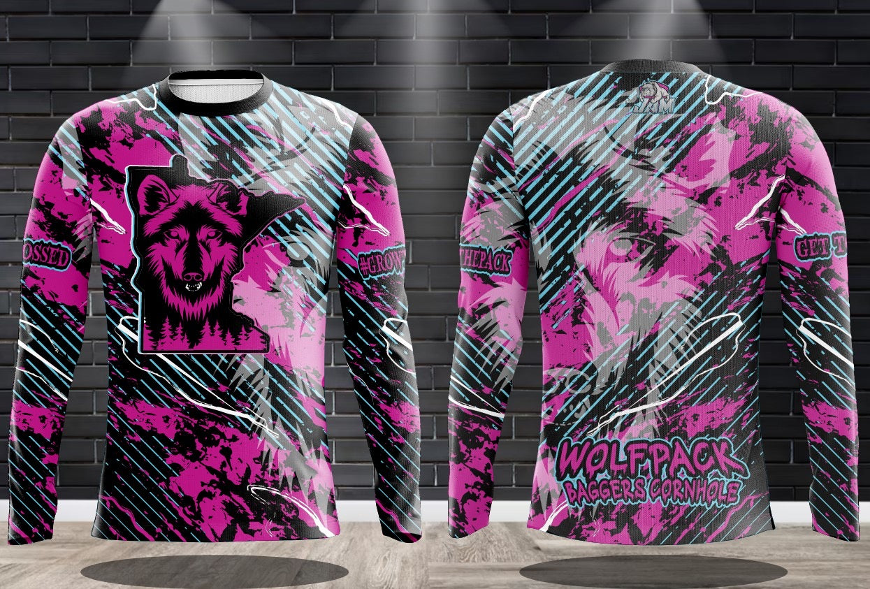 (NEW)Wolfpack Baggers 2025 Performance Drifit Long Sleeve Jersey - Teal/Pink