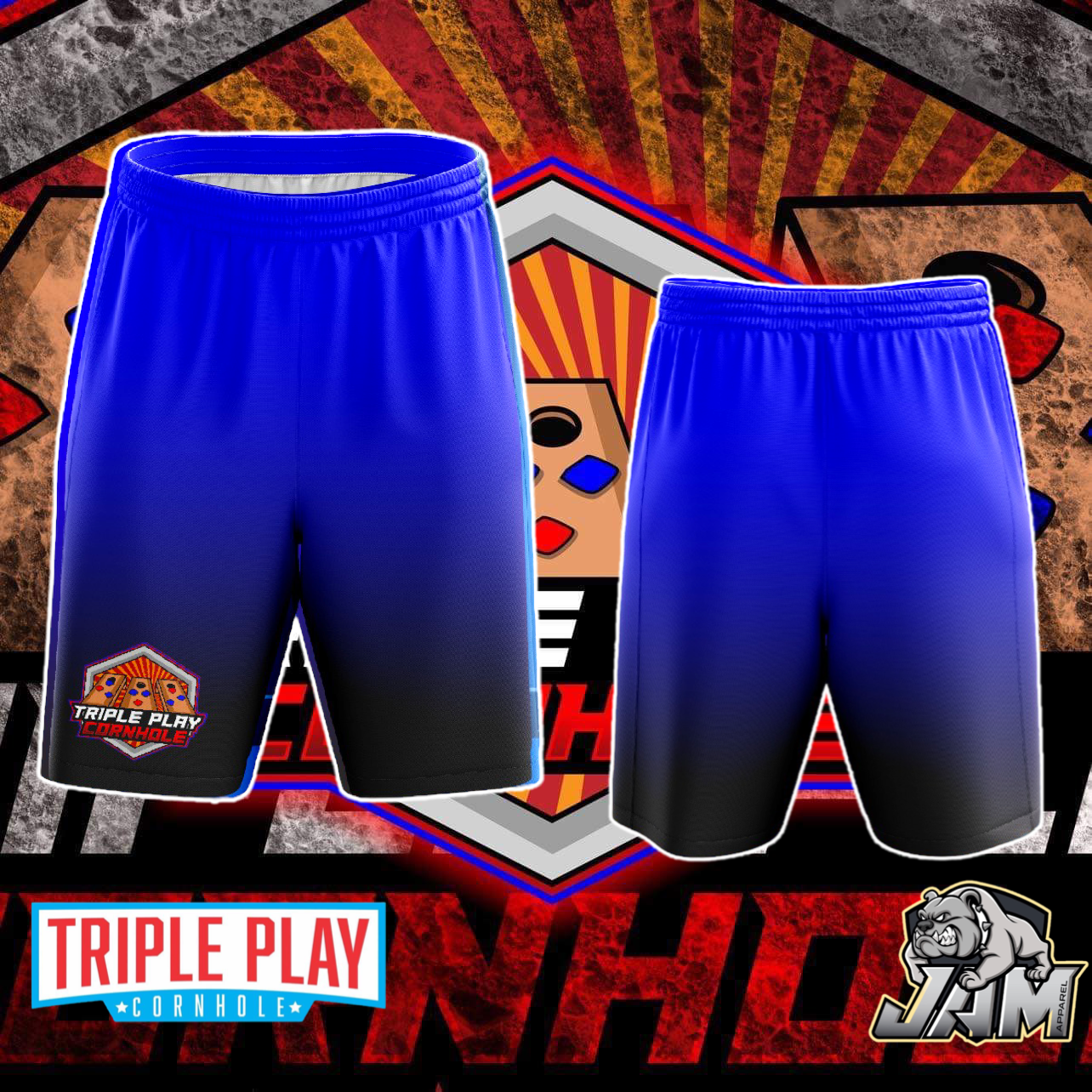 Triple Play Cornhole Blue Ombre’ Basketball Shorts